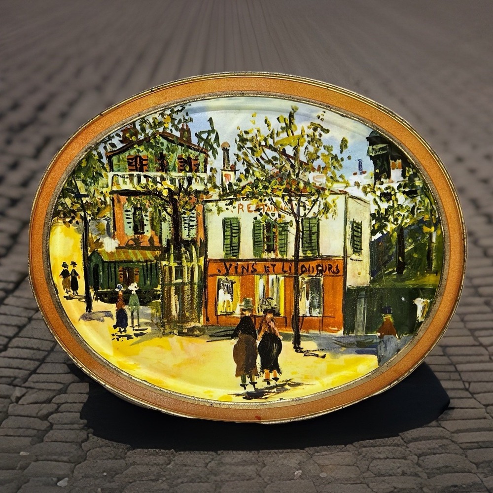 Vintage Tin Metal Oval Tray "PETIT CAFE" Maurice Utrillo Sunshine Biscuits 14.5"